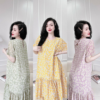 Đầm Suông Lụa Nhistore Cổ Tròn Tay Phồng Họa Tiết Sang Có Túi Freesize Dưới 60kg