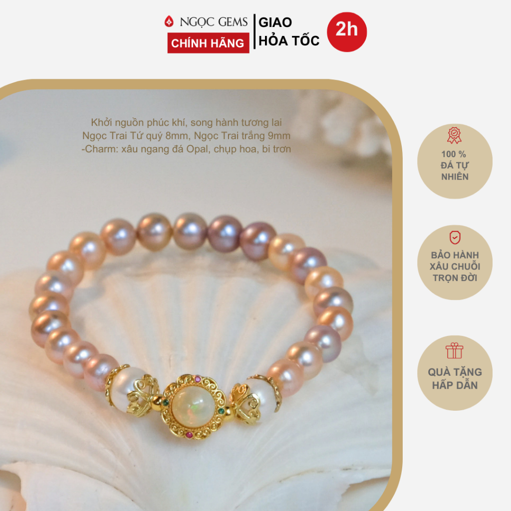Vòng tay nữ Ngọc Trai Tứ Quý Thiên Nhiên - mix Charm Xâu đá Ngang Opal - Ngọc Gems