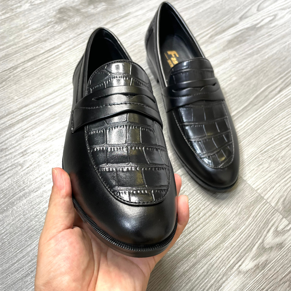 Giày lười da nam công sở 2 màu nâu đen vân cá sấu may viền khâu đế giày Dior full size 38 43