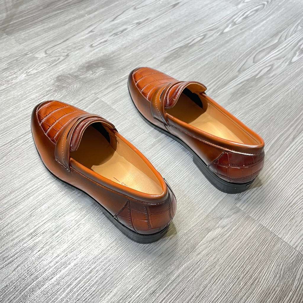 Giày lười da nam công sở 2 màu nâu đen vân cá sấu may viền khâu đế giày Dior full size 38 43