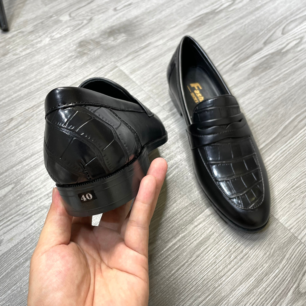 Giày lười da nam công sở 2 màu nâu đen vân cá sấu may viền khâu đế giày Dior full size 38 43