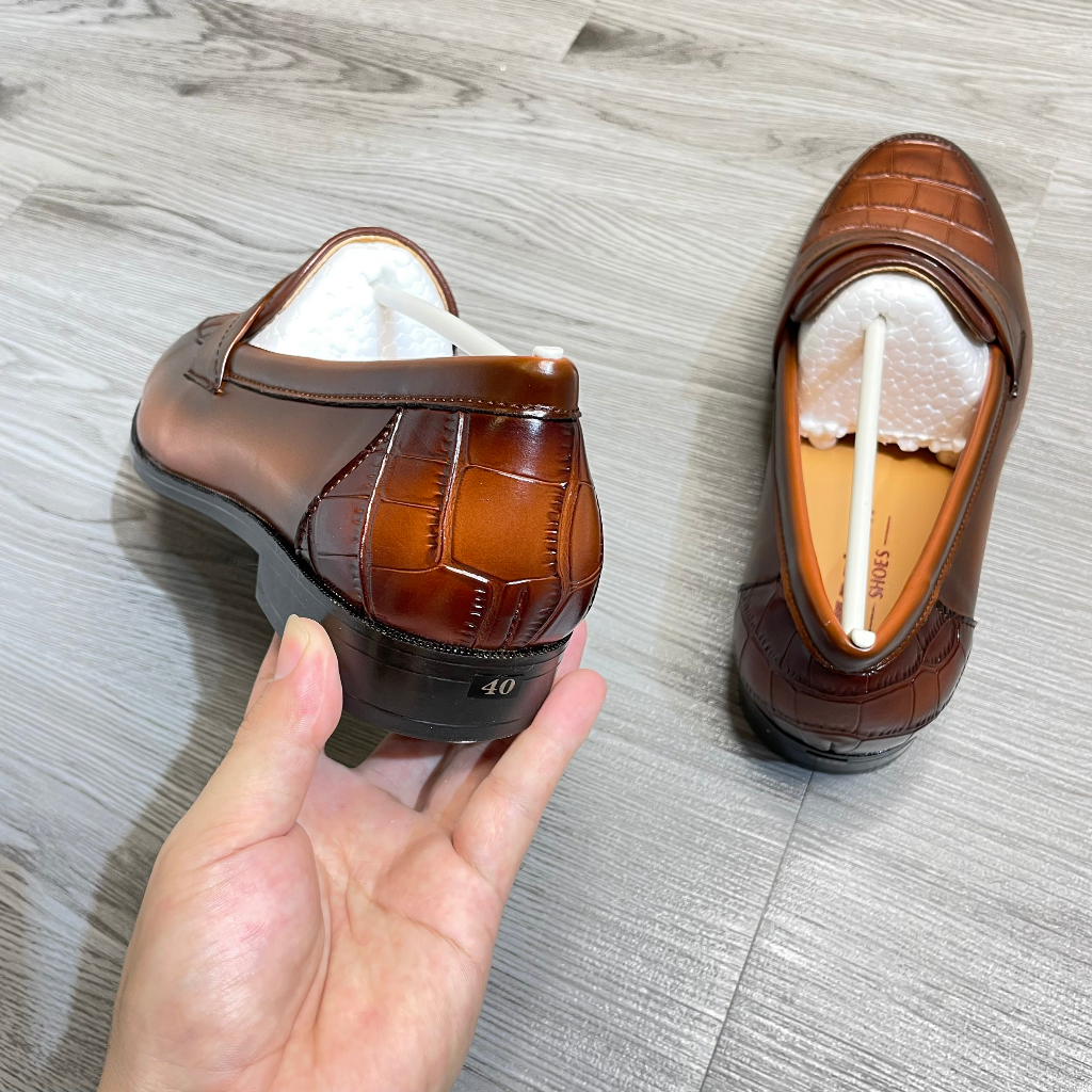 Giày lười da nam công sở 2 màu nâu đen vân cá sấu may viền khâu đế giày Dior full size 38 43