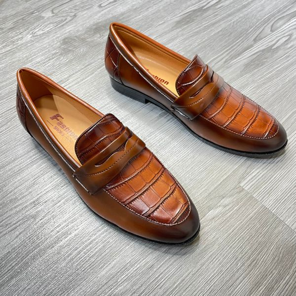 Giày lười da nam công sở 2 màu nâu đen vân cá sấu may viền khâu đế giày Dior full size 38 43