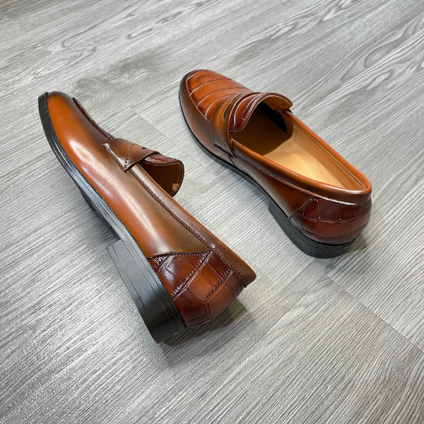 Giày lười da nam công sở 2 màu nâu đen vân cá sấu may viền khâu đế giày Dior full size 38 43