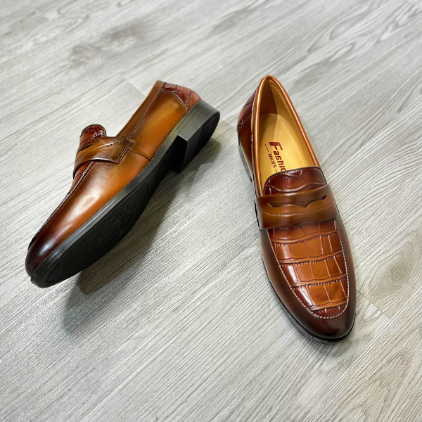 Giày lười da nam công sở 2 màu nâu đen vân cá sấu may viền khâu đế giày Dior full size 38 43