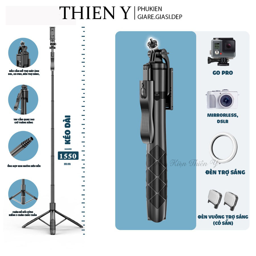 Gậy chụp ảnh 3 chân L16 cao 1m55 - Gậy selfie 3 chân cao cấp điều khiến bluetooth có đèn trợ sáng - Hỗ trợ gắn máy ảnh