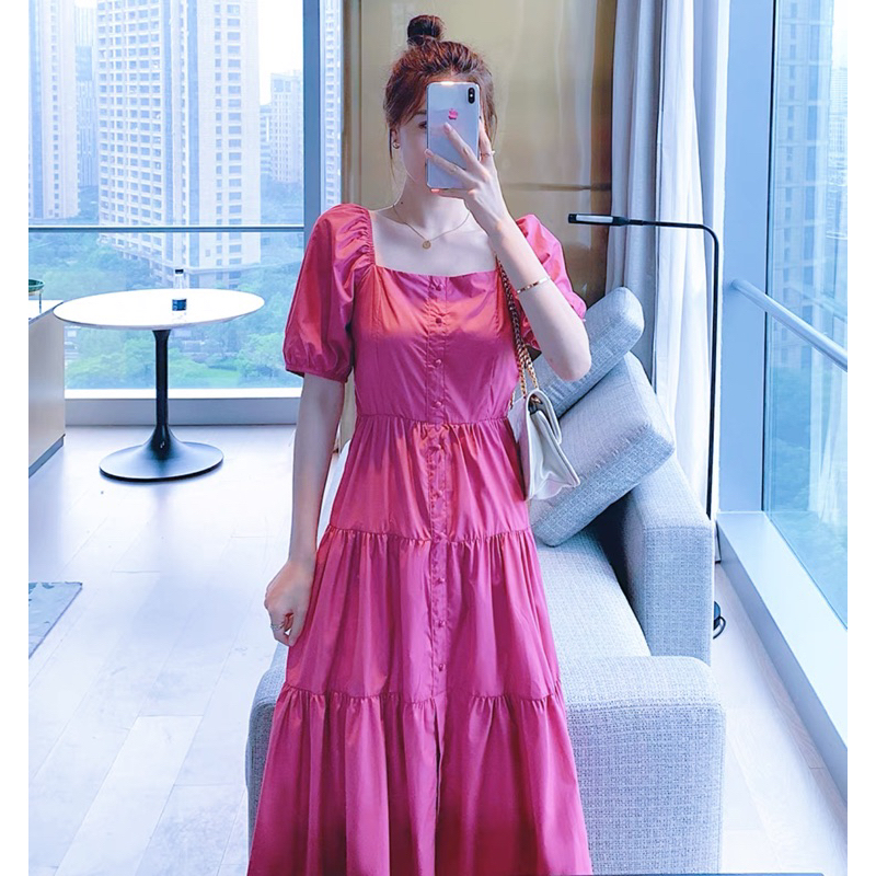 Đầm hồng cổ vuông nút bọc, váy babydoll bầu bì mặc ok (kèm hình thật)