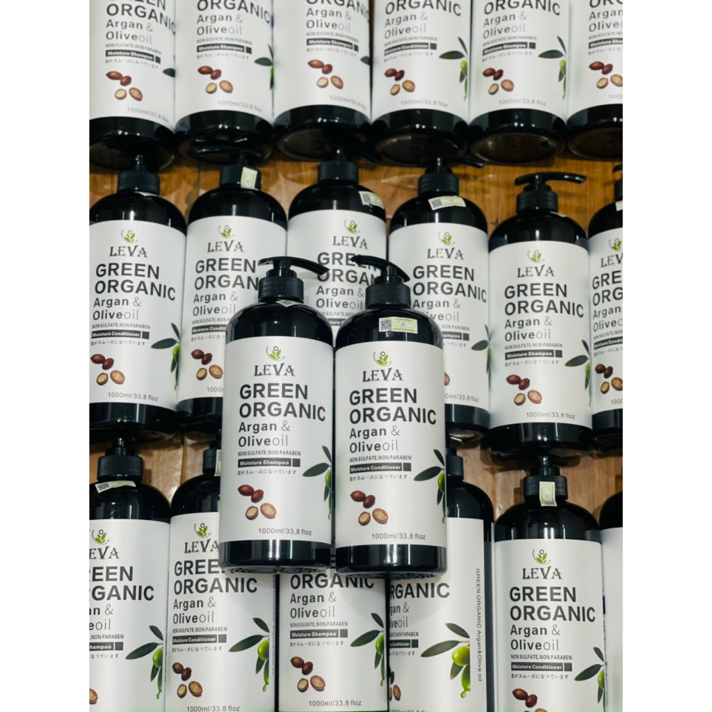 Cặp Dầu Gội, dầu Xả Leva Green Organic&amp; Olive Oil phục hồi tóc hư tổn Nhật Bản 1000ml