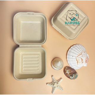 Combo 50 hộp bã mía vuông vỏ sò màu nâu đựng burger 600ml BVA002