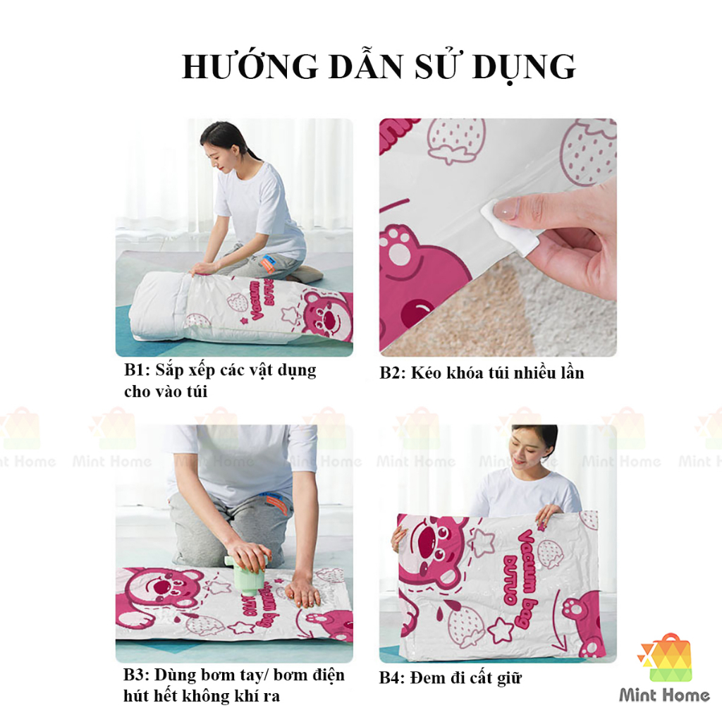Túi hút chân không đựng quần áo, chăn màn mền ga gối giày bảo quản chống ẩm mốc nén cao tiết kiệm diện tích tủ Mint Home