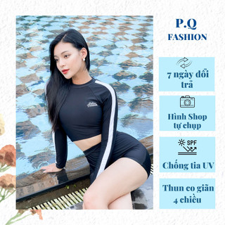 Đồ bơi nữ bikini áo tắm hai mảnh lưng cao tay dài phối trắng - Màu Đen