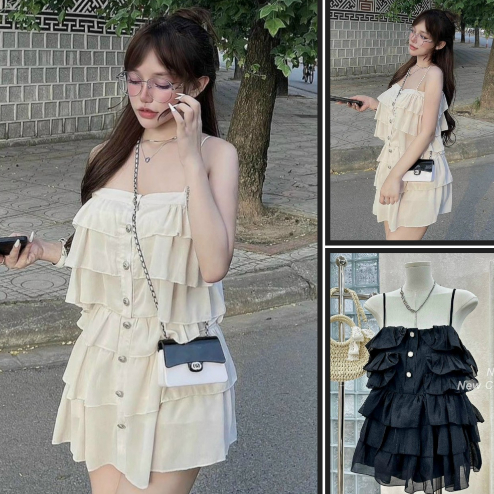 Set áo hai dây dáng bèo tầng xinh xắn mix chân váy ngắn dáng tầng siêu xinh tiểu thư sang chảnh dành các nàng thơ