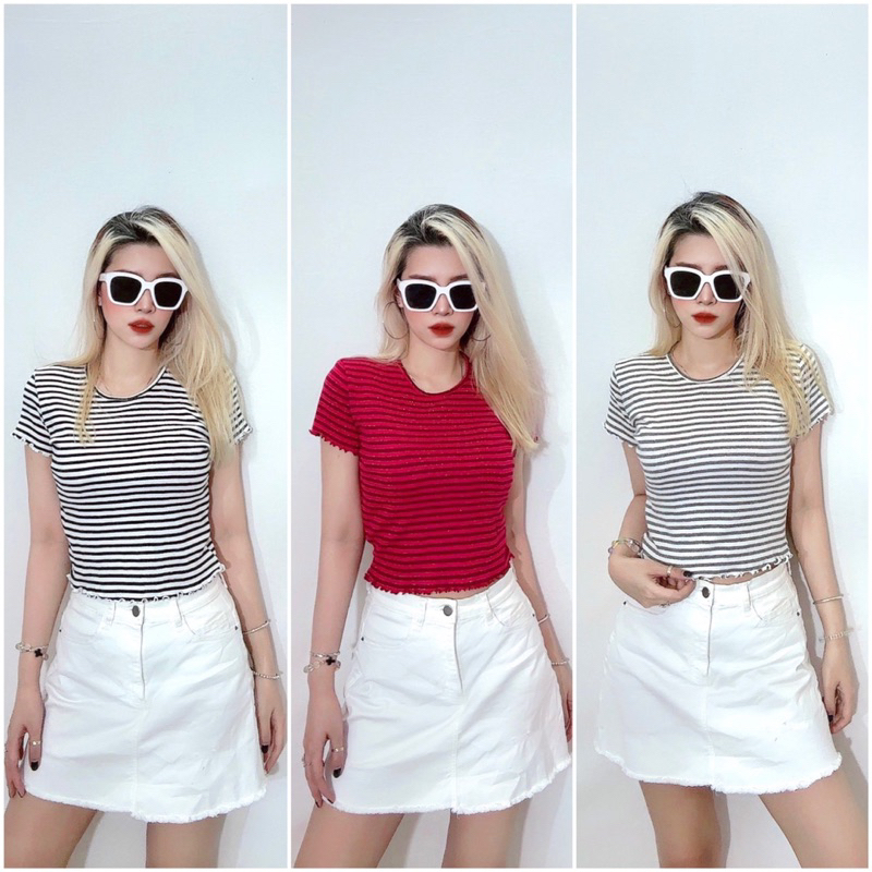 Áo croptop ôm cổ tròn thun bo ríp sọc 3 màu