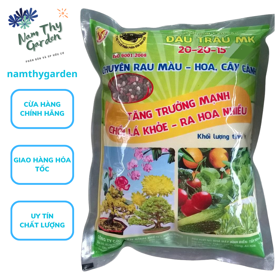 Phân Bón Đầu Trâu 3 Màu BĐ - MK NPK 20-20-15 Gói 1kg Chuyên Rau màu hoa cây kiểng