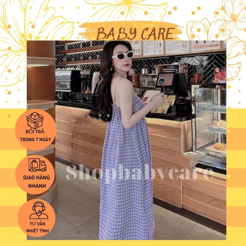 VÁY BẦU 2 DÂY BẢN TO CHẤT THÔ HÀN XỐP KẺ CARO-ĐẦM BẦU MÙA HÈ CHẤT MÁT NHIỀU MÀU