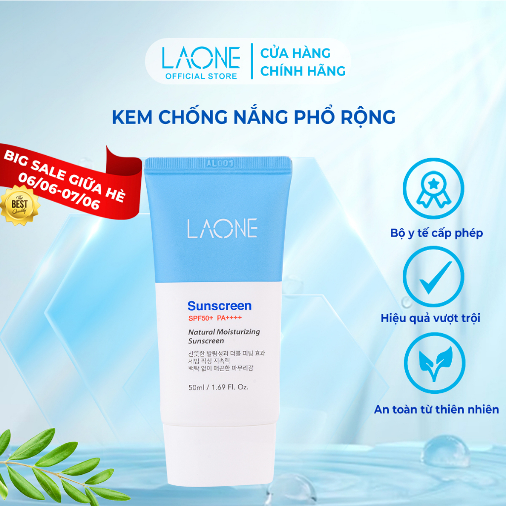 Kem chống nắng chống trôi dưỡng ẩm Laone Hàn Quốc spf50+/pa++++ cho da nhạy cảm 50ml