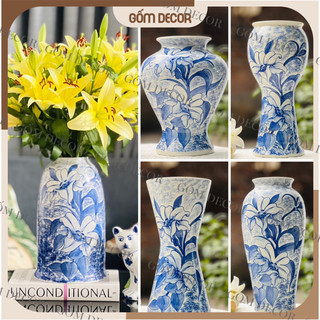 Lọ hoa decor, bình cắm hoa men lam vẽ tay gốm bát tràng
