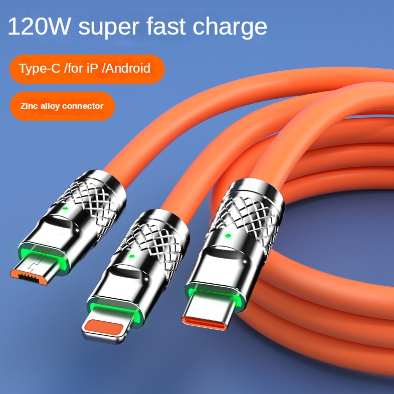 Cáp Sạc Nhanh 3 Đầu Cá Mập 120w Hỗ Trợ Sạc Nhanh 3 Trong 1, Chất Liệu Silicon và Hợp Kim Kẽm Siều Bền 2023