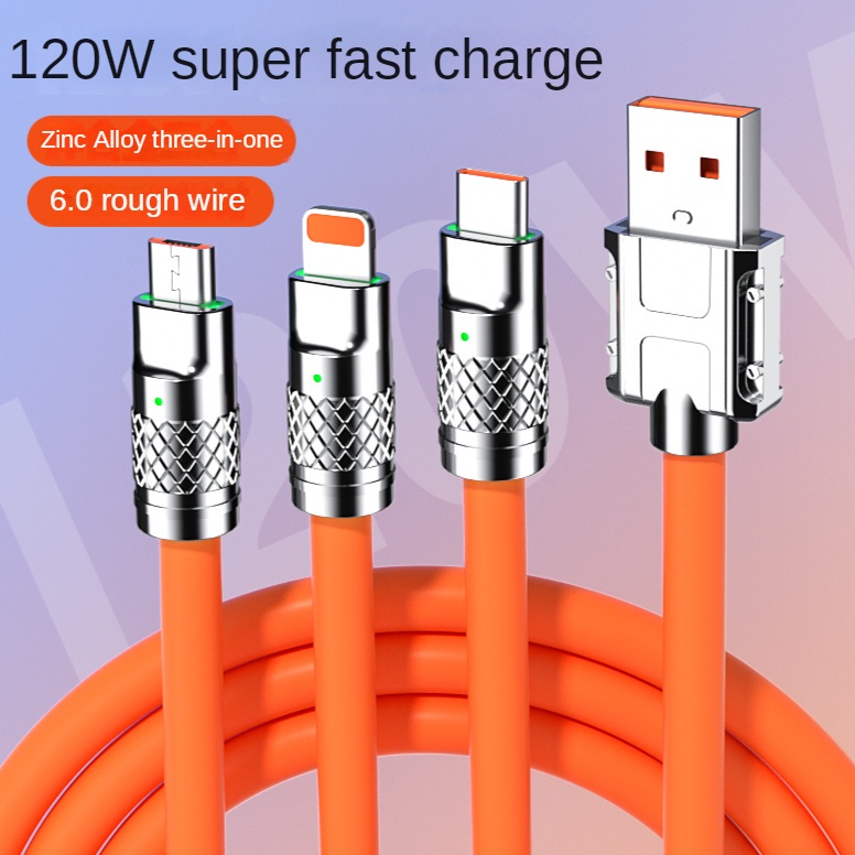 Cáp Sạc Nhanh 3 Đầu Cá Mập 120w Hỗ Trợ Sạc Nhanh 3 Trong 1, Chất Liệu Silicon và Hợp Kim Kẽm Siều Bền 2023