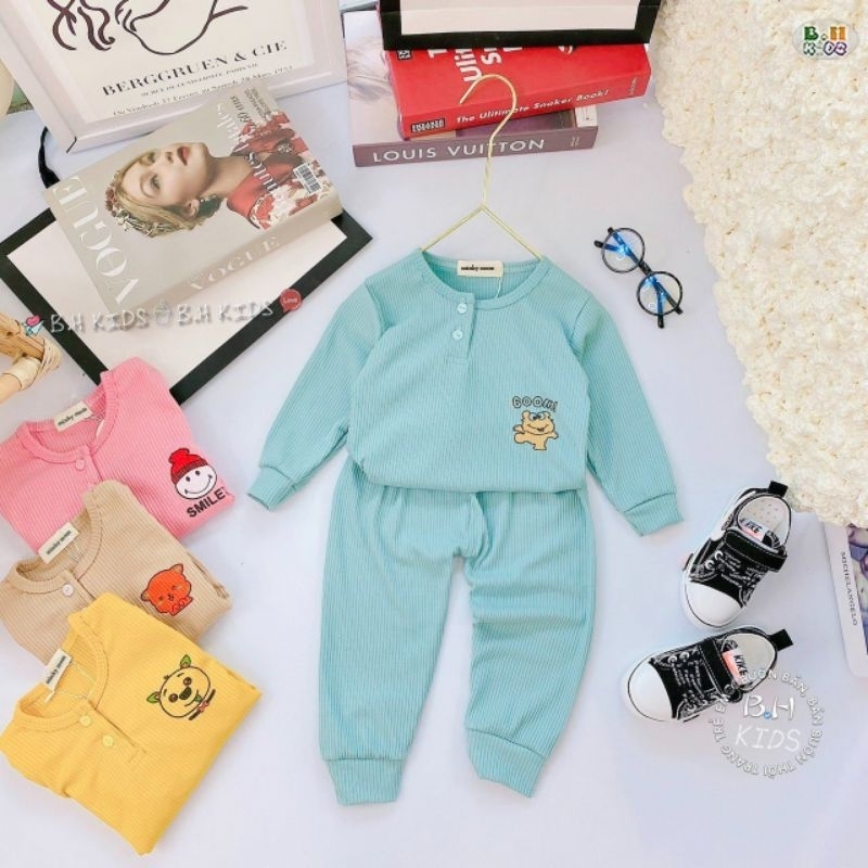 Bộ quần áo dài tay trẻ em mikymom, côr trụ có cúc thật , chất len tăm thu đông cho bé 6/18kg