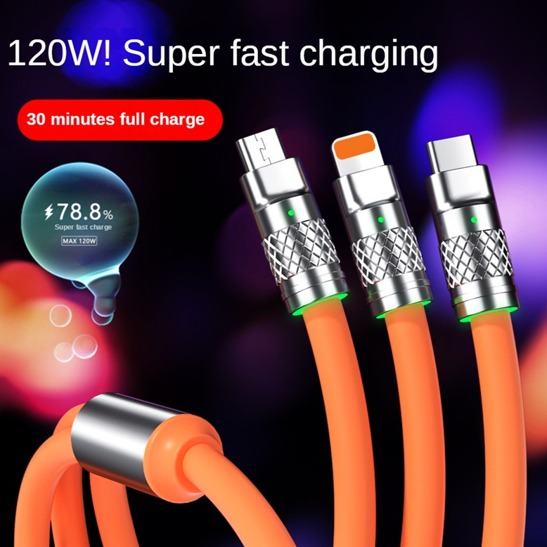 Cáp Sạc Nhanh 3 Đầu Cá Mập 120w Hỗ Trợ Sạc Nhanh 3 Trong 1, Chất Liệu Silicon và Hợp Kim Kẽm Siều Bền 2023