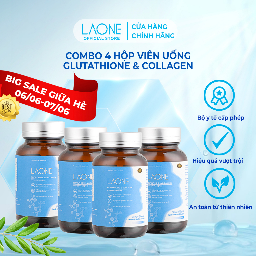 Combo 4 Hộp Viên uống trắng da glutathione collagen Hàn Quốc Laone trắng da toàn thân mờ thâm nám 30 viên/1H