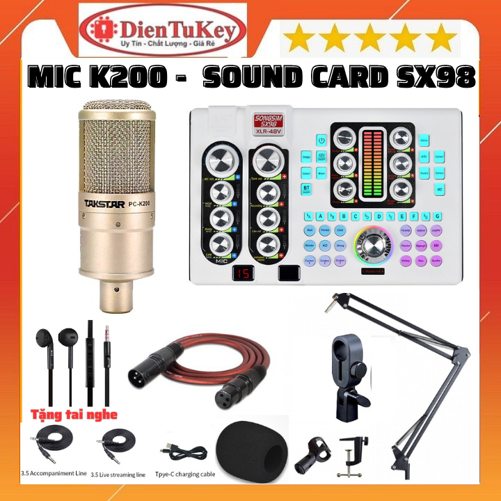 Bộ Mic Thu Âm Hát Sound Card SX98 Autotune, Mic TAKSTAR PC K200 chuyên thu âm, livestream, karaoke online