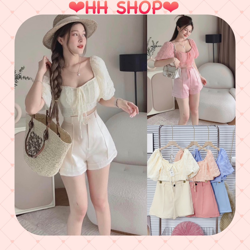 Set bộ đồ nữ set áo croptop cổ vuông tơ chấm bi nổi cột dây cổ yếm tay phồng 2 lớp mix quần short hot hit
