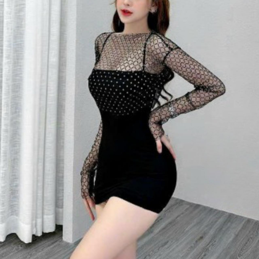 Set đầm hai dây kèm áo khoác lưới siêu gợi cảm, đầm nữ ôm body, áo nữ cổ tròn dài tay form croptop-AD1