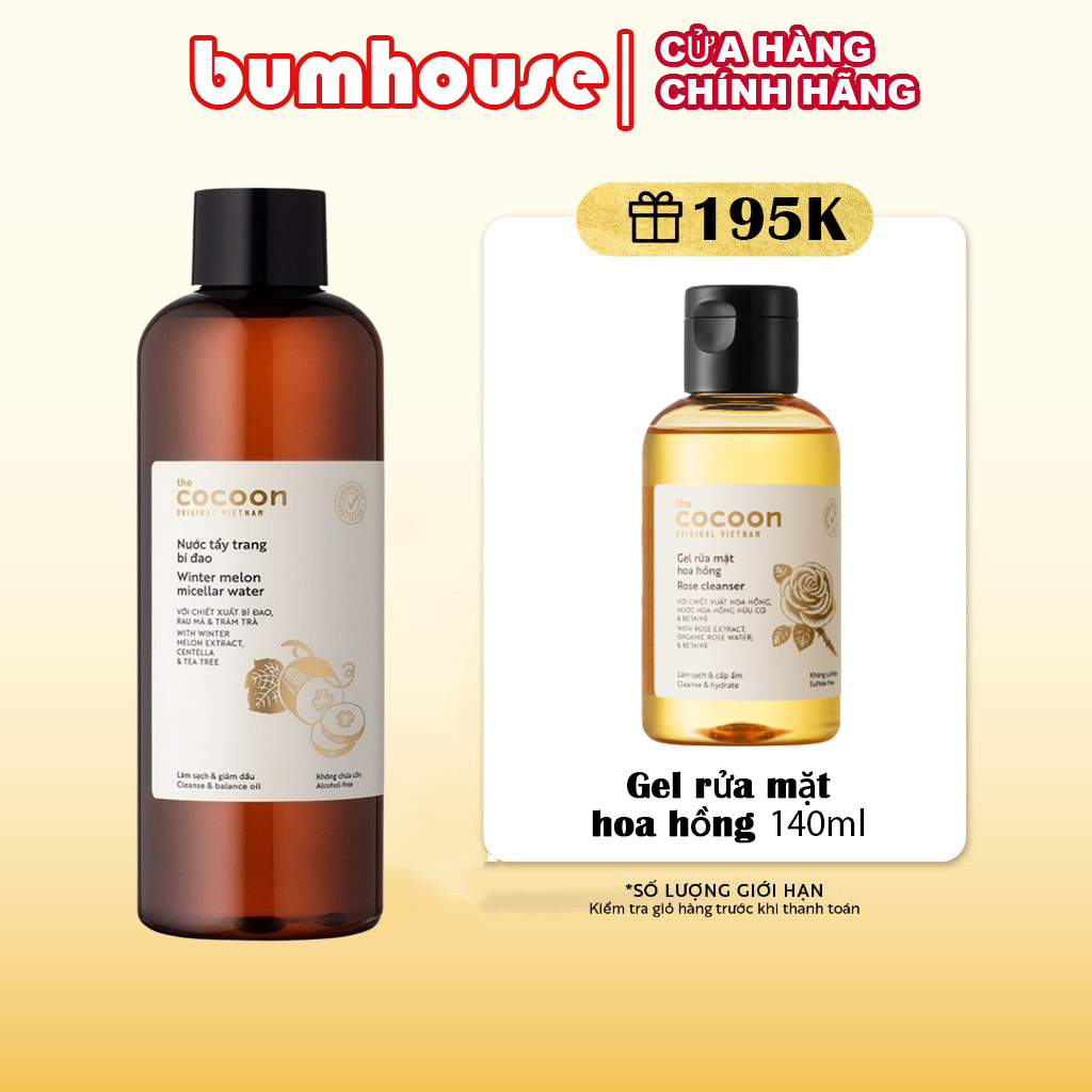 Bigsize - Nước tẩy trang bí đao Cocoon tẩy sạch makeup & giảm dầu 500ml tặng Gel rửa mặt hoa hồng 140ml