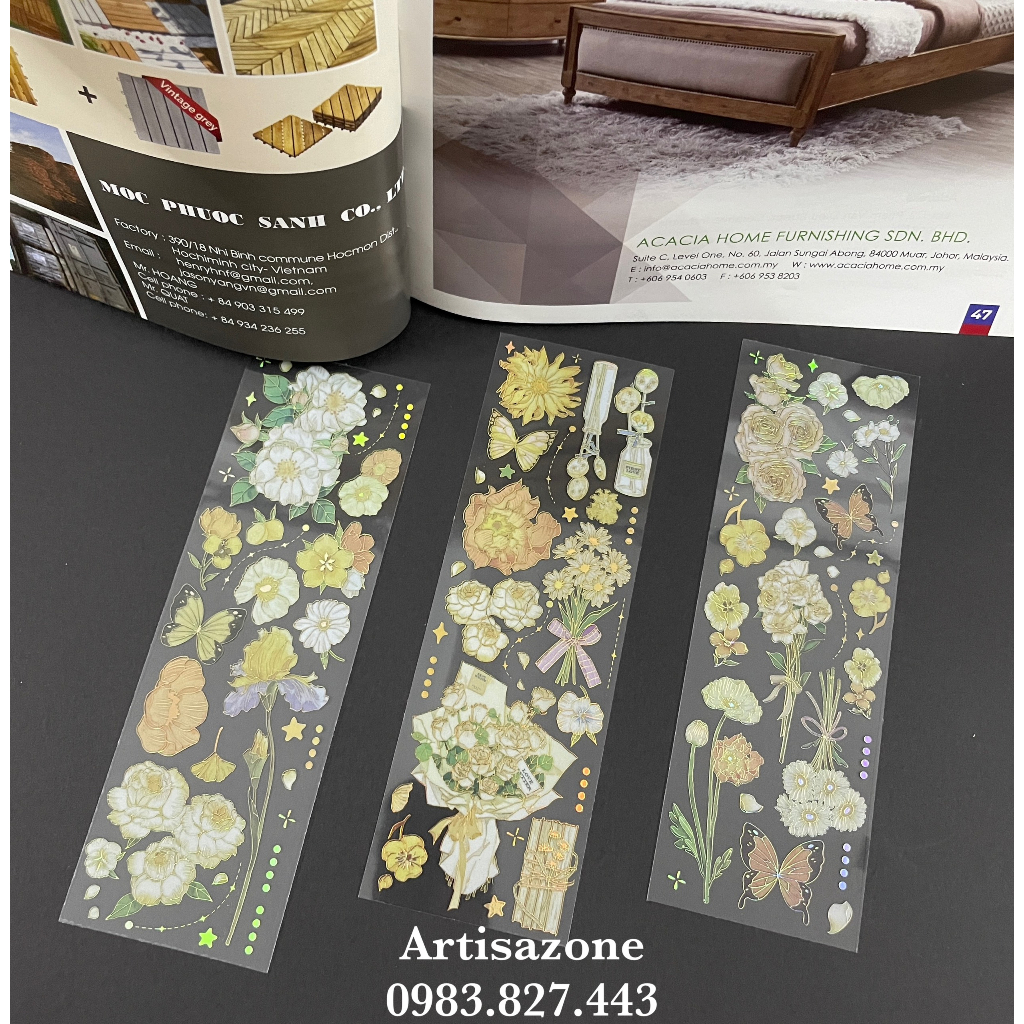 Hình dán trang trí - Sticker pet hoa vintage ánh nhũ - Set 03 tấm