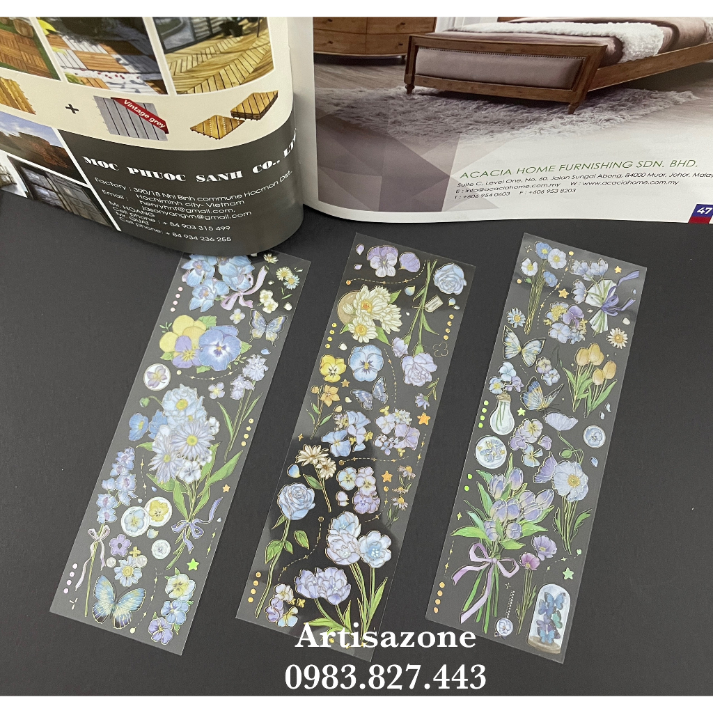 Hình dán trang trí - Sticker pet hoa vintage ánh nhũ - Set 03 tấm