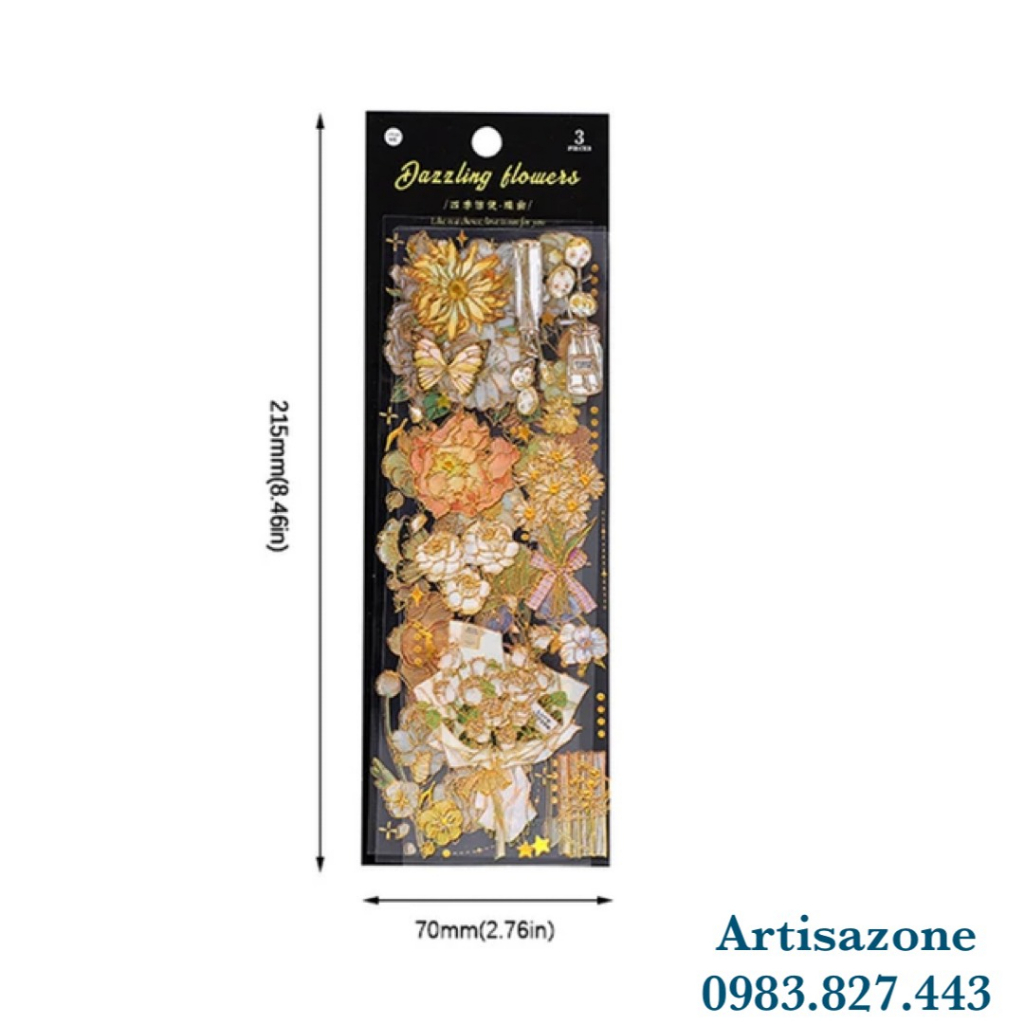 Hình dán trang trí - Sticker pet hoa vintage ánh nhũ - Set 03 tấm