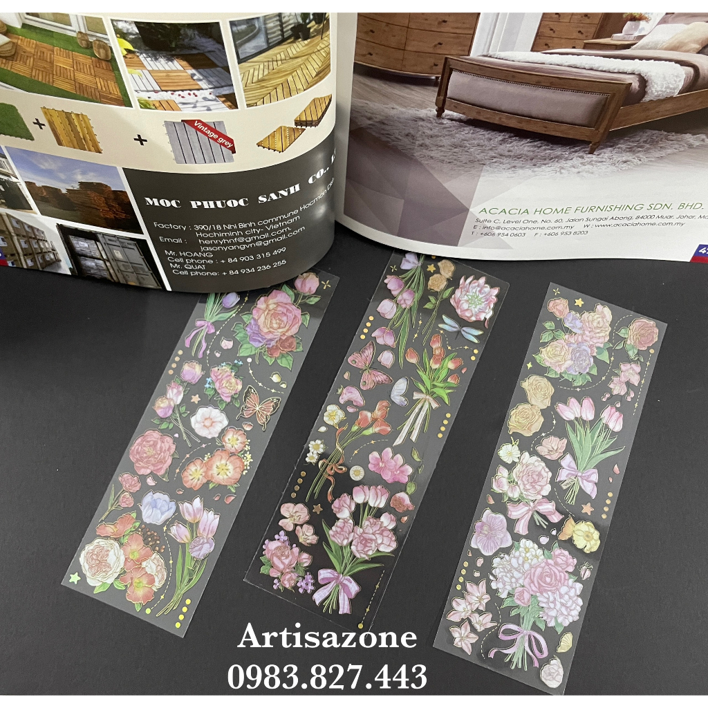 Hình dán trang trí - Sticker pet hoa vintage ánh nhũ - Set 03 tấm