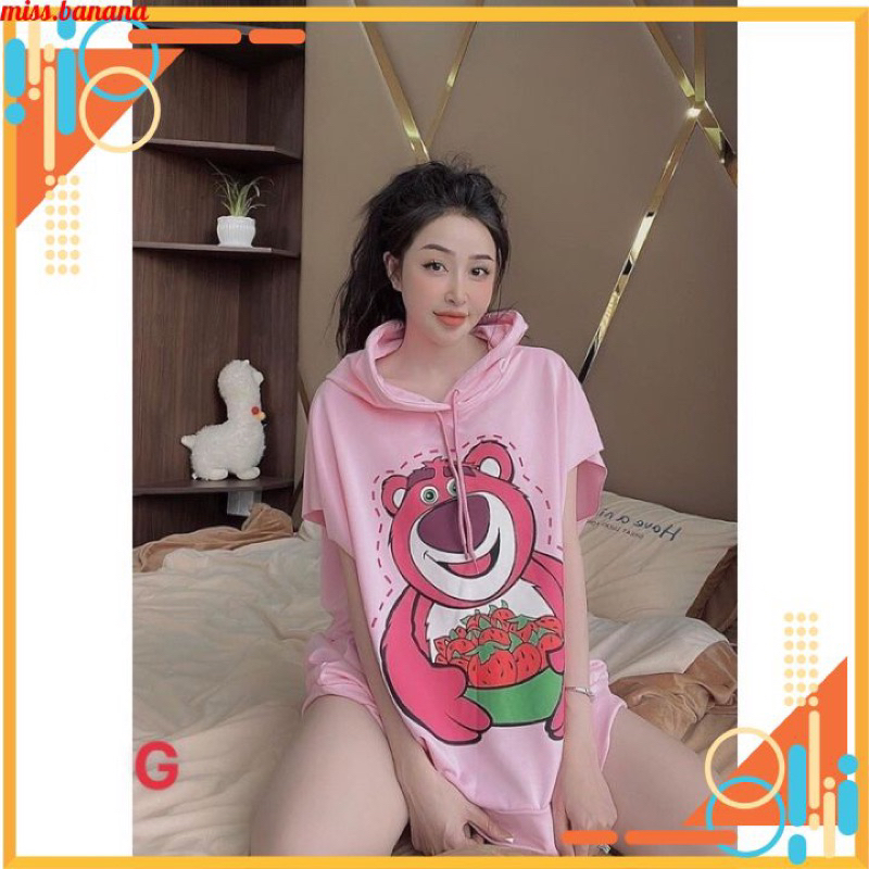 Set Bộ Đồ Gấu Lotso Gấu Dâu Hồng Có Nón Quần Ngắn