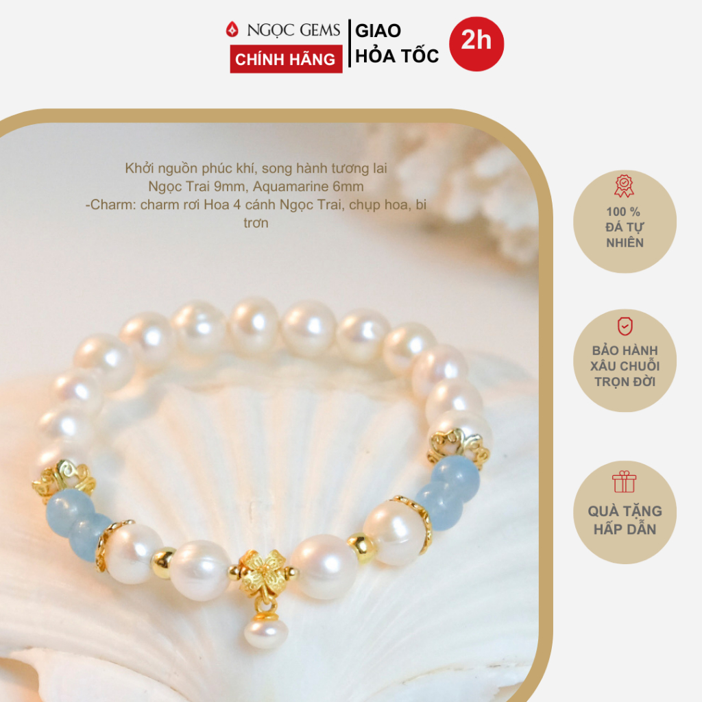 Vòng tay nữ Ngọc Trai Trắng thiên nhiên - mix hạt đá Aquamarine - mix Charrm Hoa 4 cánh Ngọc Trai thật - Ngọc Gems
