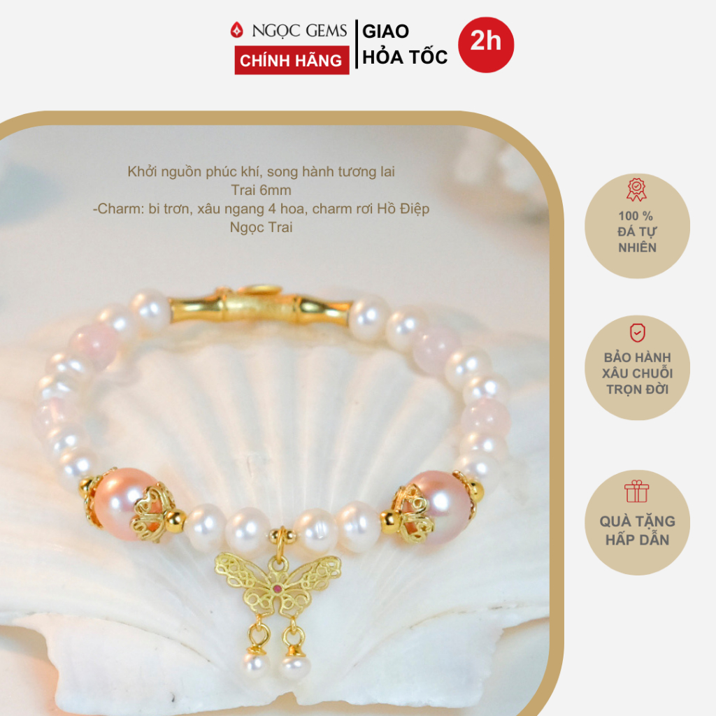 Vòng tay nữ Ngọc Trai Trắng thiên nhiên - mix hạt đá Thạch Anh Hồng - mix Charm rơi Hồ Điệp - Ngọc Gems