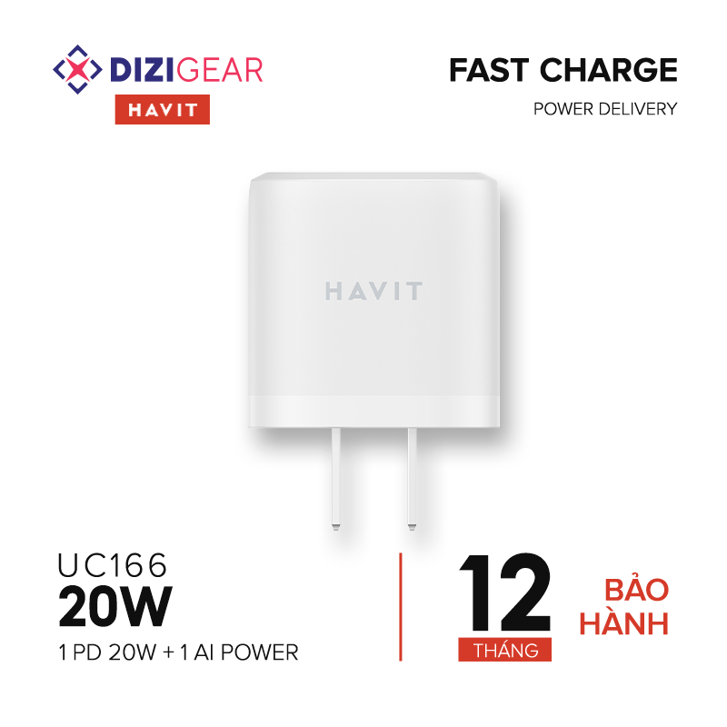 Cốc Sạc 2 Cổng HAVIT UC166, Sạc Nhanh Type C Power Delivery 20W, Cổng USB-A 12W - Hàng Chính Hãng