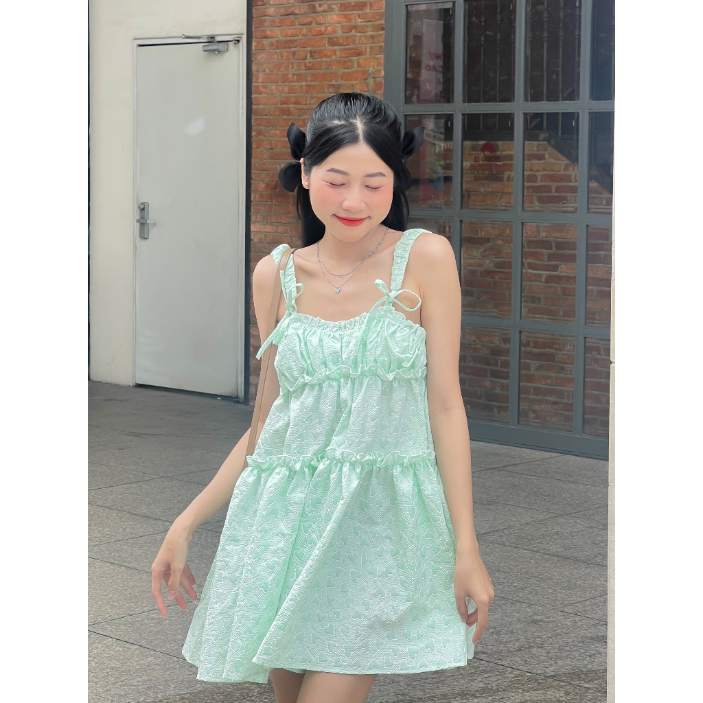 Lolie Dress - đầm babydoll hai dây cột nơ chất gấm xốp in nổi