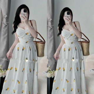 K09 Đầm Hai Dây Trắng Hoạ Tiết Trái Dứa Xinh Xắn