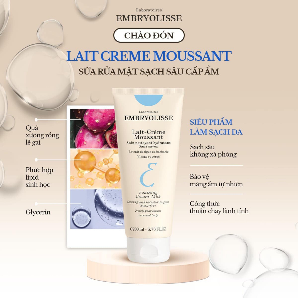 Sữa Rửa Mặt Embryolisse Sạch Sâu Cấp Ẩm Lait-Creme Moussant 200ml