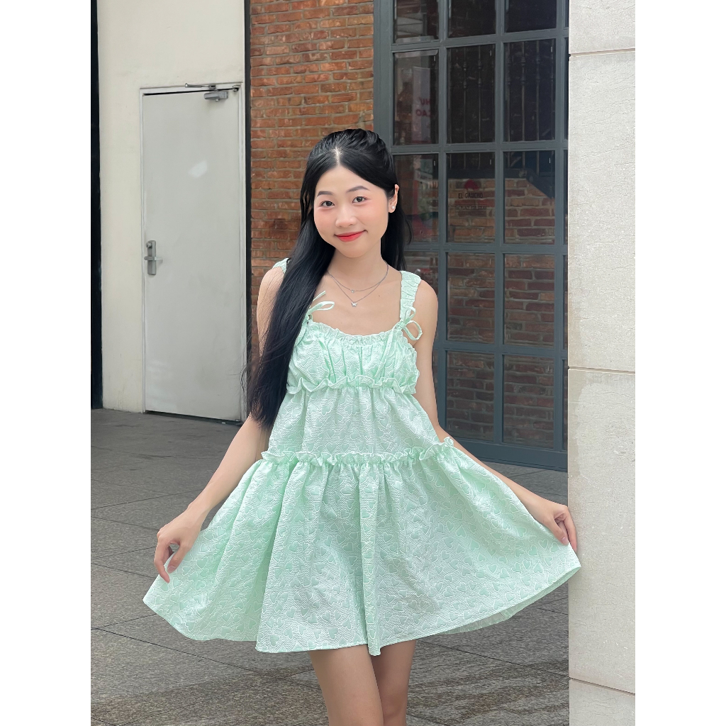 Lolie Dress - đầm babydoll hai dây cột nơ chất gấm xốp in nổi