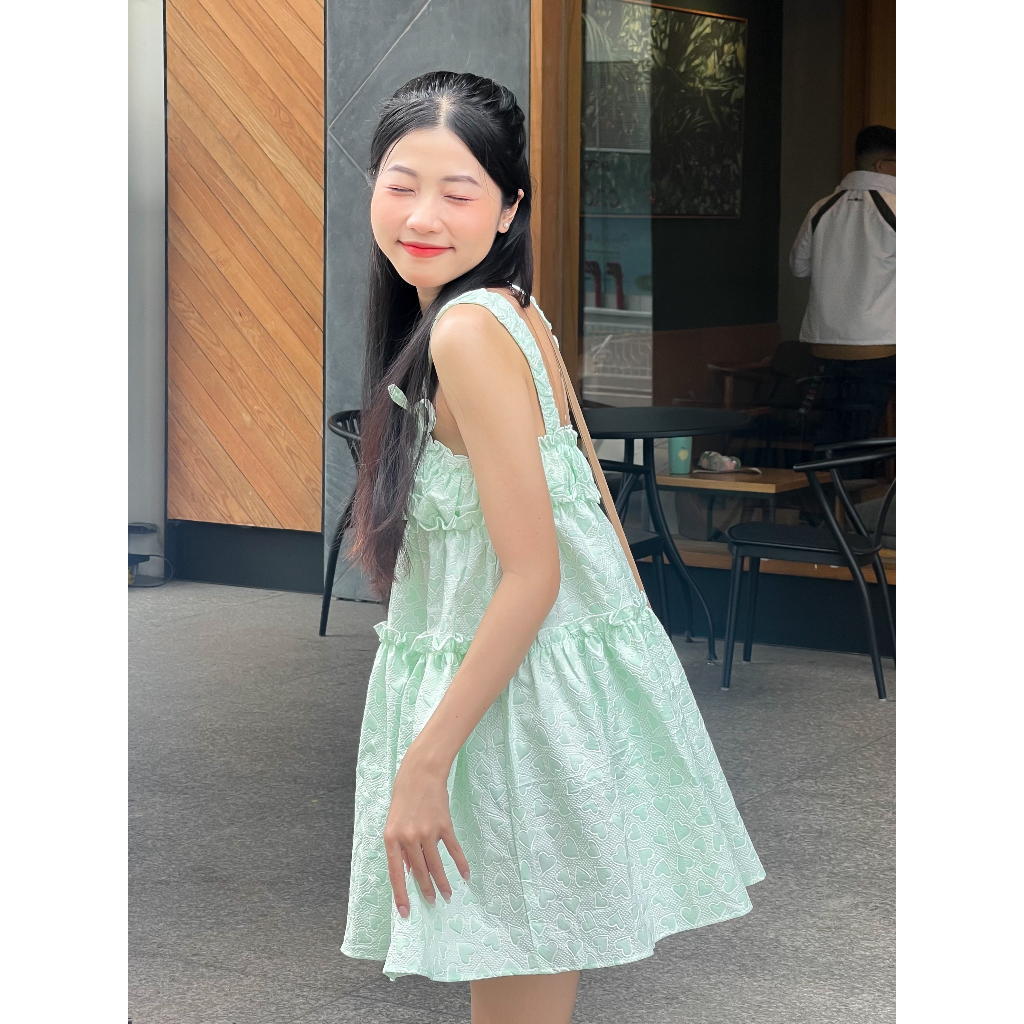 Lolie Dress - đầm babydoll hai dây cột nơ chất gấm xốp in nổi