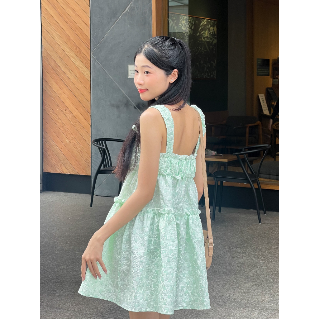 Lolie Dress - đầm babydoll hai dây cột nơ chất gấm xốp in nổi