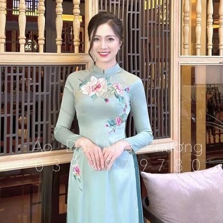 Áo dài lụa tây thi cao cấp thêu hoa xanh lưu ly