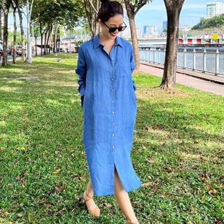 Đầm suông sơ mi Linen bột Premium form rộng dài tay trễ vai trẻ trung - Xanh Coban