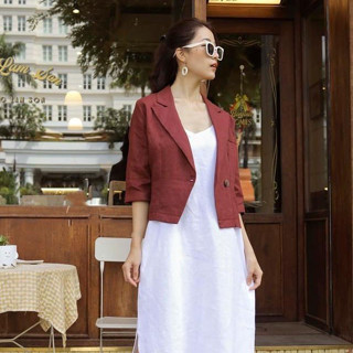 Áo Vest blazer nữ Linen bột Premium dáng lửng tay lỡ 2 khuy (Đỏ mận, Xanh rêu)
