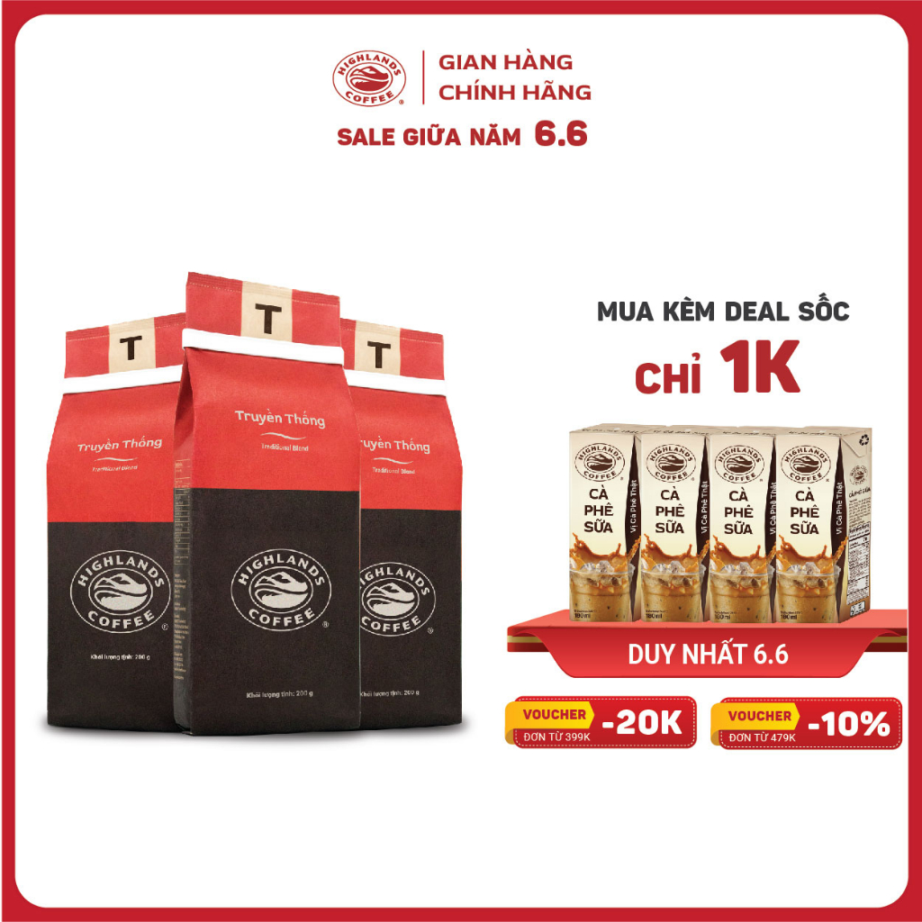 6.6 SĂN DEAL 1K - VOUCHER GIẢM THÊM 10% - Combo 3 gói Cà phê rang xay Truyền thống Highlands Coffee 200g
