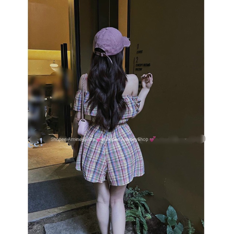 Áo trễ vai liền quần xoè giả váy sang chảnh , chất thô kẻ hót Tôn dáng kèm ảnh thật Amineyshop