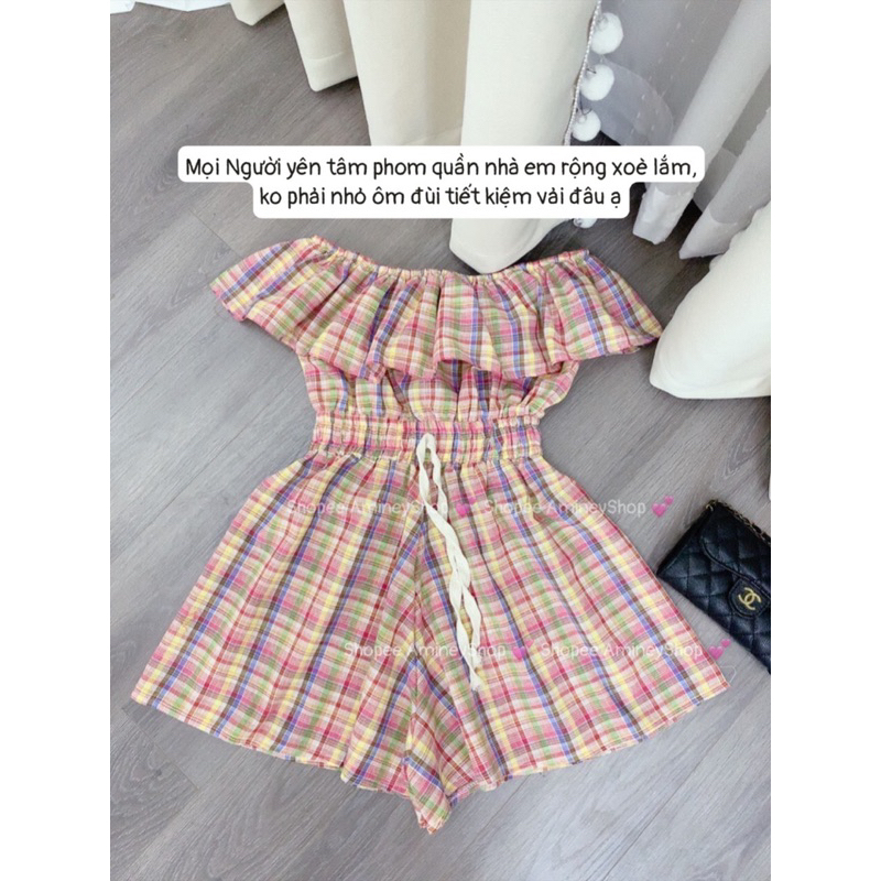 Áo trễ vai liền quần xoè giả váy sang chảnh , chất thô kẻ hót Tôn dáng kèm ảnh thật Amineyshop